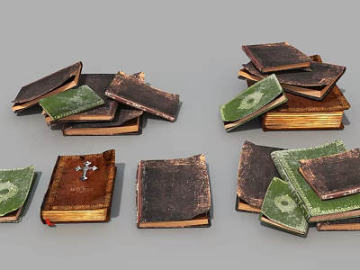 Vintage Stacked Books With Old Leather Covers And Cross Design Details Collection 3d model