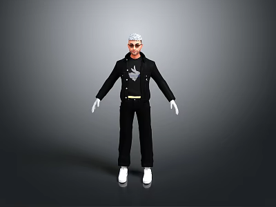 Man In Black Jacket And Pants With White Gloves Shoes Glasses Standing In Gray Background 3d model