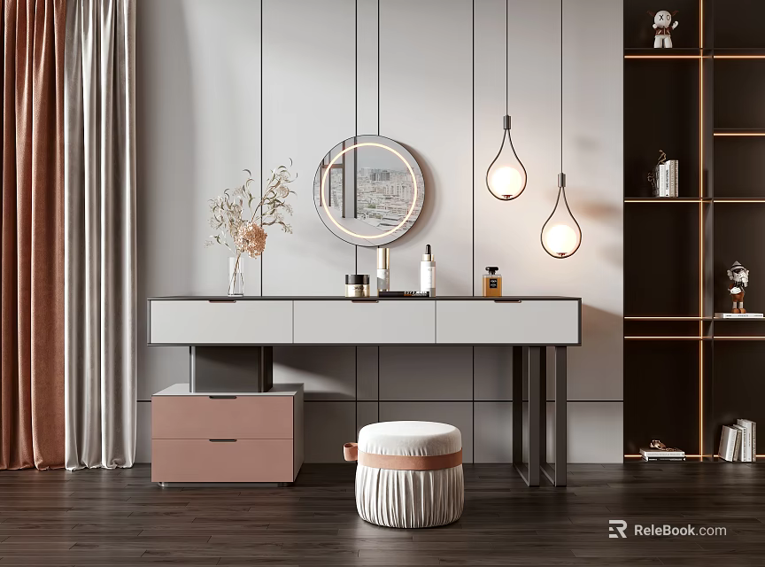 Modern Dressing Table Interior Design With Wall Mirror Pendant Lights Storage Cabinet And Stool 3d model 