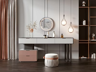 Modern Dressing Table Interior Design With Wall Mirror Pendant Lights Storage Cabinet And Stool 3d model