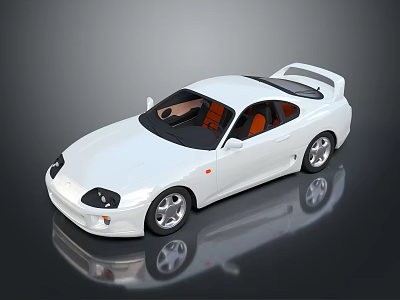 White Sports Car With Two Doors Orange Interior Black Roof And Silver Wheels With Reflection 3d model
