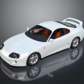 White Sports Car With Two Doors Orange Interior Black Roof And Silver Wheels With Reflection