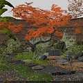 Tranquil Garden Design With Orange Maple Leaves Lush Green Plants Stone Features And Water Basins