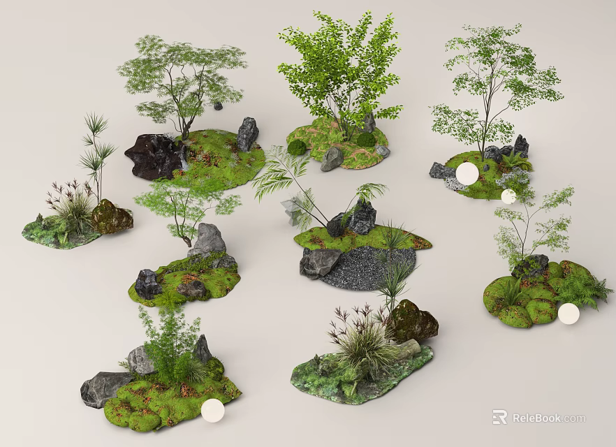 Small Green Plant Landscapes With Various Trees Grass Stones And Independent Small Ecosystems 3d model 