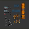 Industrial Machinery Equipment With Various Components Including Blue Boxes Orange Cylinders Wheels And Circular Parts