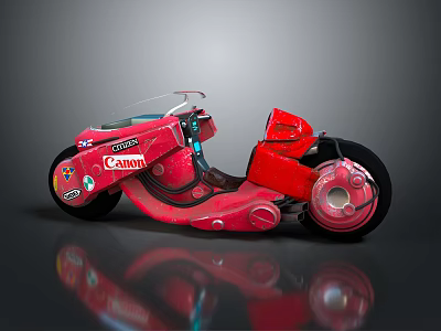 Red Canon Futuristic Motorcycle With Sleek Design And Unique Wheel Structure 3d model