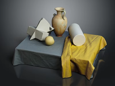 Still Life Composition Featuring Amphora Vase Geometric Shapes Cube Pyramid Sphere Cylinder Grey Yellow Fabrics 3d model