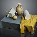 Still Life Composition Featuring Amphora Vase Geometric Shapes Cube Pyramid Sphere Cylinder Grey Yellow Fabrics