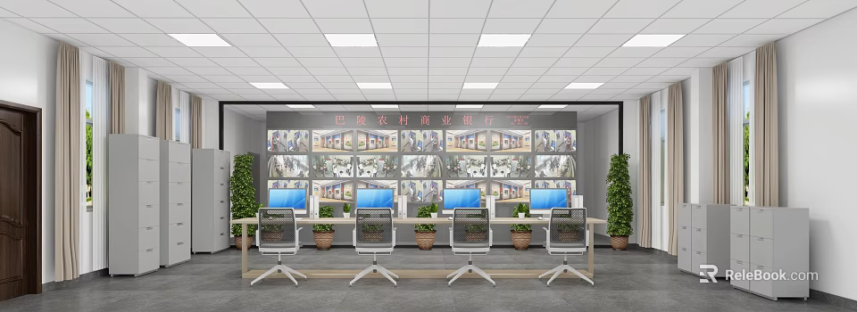 Modern Monitoring Room Interior With Multiple Screens Control Console Office Chairs And Green Plants 3d model 