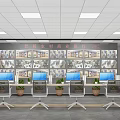 Modern Monitoring Room Interior With Multiple Screens Control Console Office Chairs And Green Plants