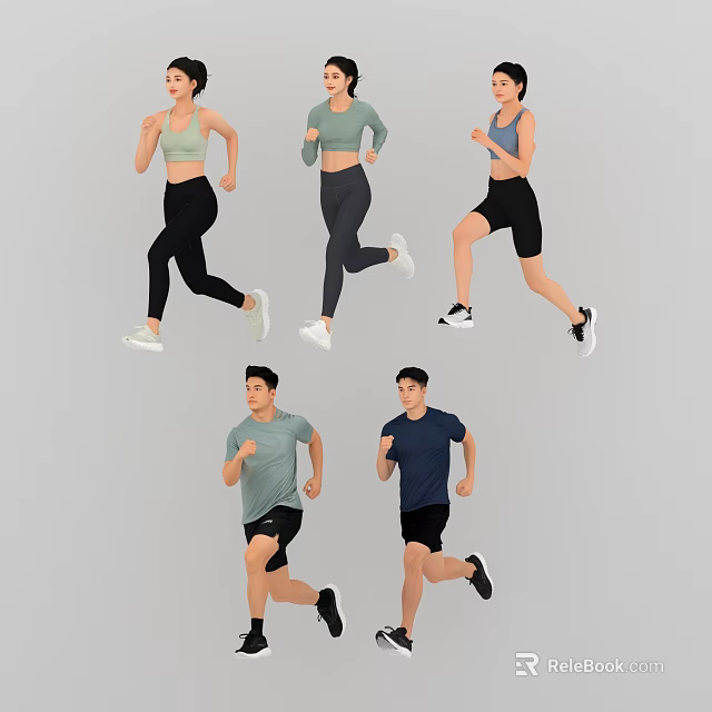 Group of people running in casual sportswear with dynamic active poses 3d model 