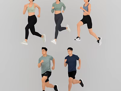 Group of people running in casual sportswear with dynamic active poses 3d model