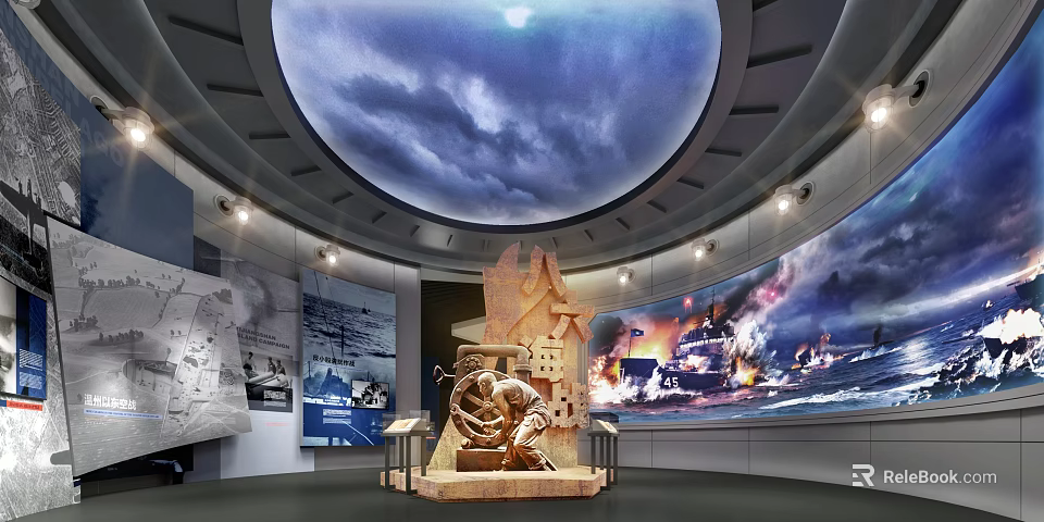 Memorial Exhibition Hall With Dome Ceiling Clouds Historical Images And Sculpture 3d model 