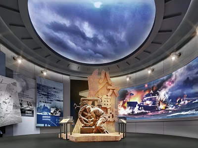 Memorial Exhibition Hall With Dome Ceiling Clouds Historical Images And Sculpture 3d model