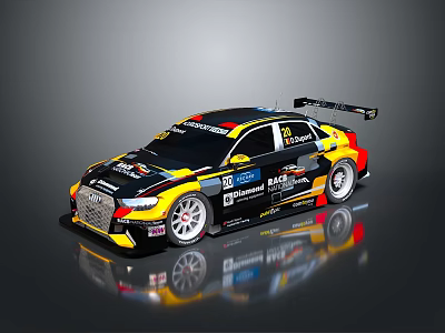 Audi Racing Car With Black Yellow Livery Sponsor Logos And Aerodynamic Wing 3d model