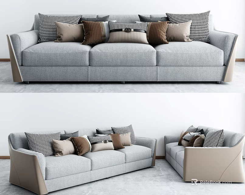 Modern Gray Three Seater Sofa With Brown Checkered Cushions And Sleek Armrests 3d model