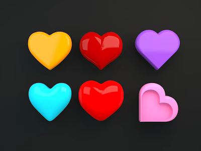 Vibrant Shiny Colorful Heart Shapes In Multiple Colors On Black Background 3d model