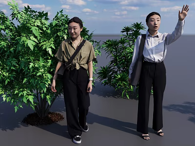 Two Women Walking Outdoors With Green Plants Blue Sky and Waving Hand 3d model