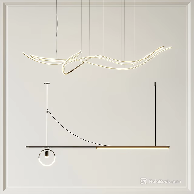 Modern Curved White Chandeliers With Flowing Design And Black Frame Circular Linear Lights 3d model 