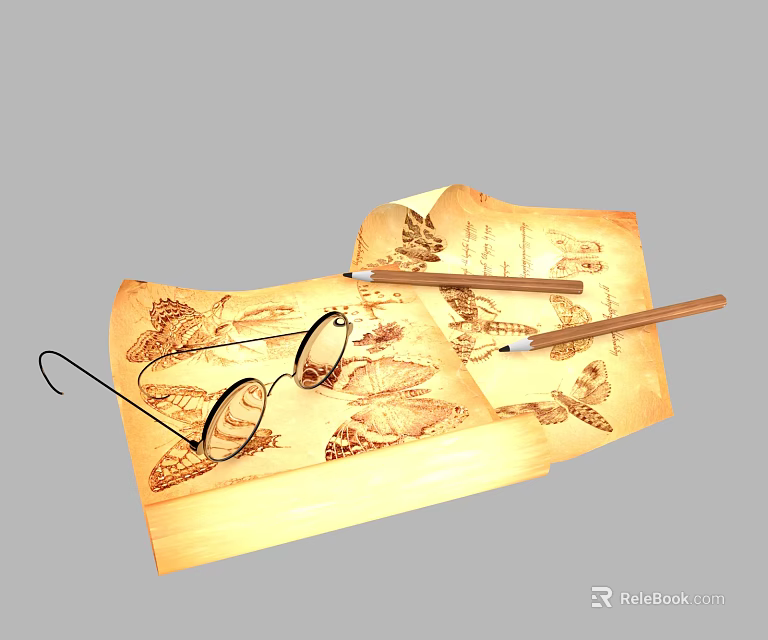 Ancient Open Book With Butterfly Illustrations Eyeglasses And Pencil On Gray Background 3d model 
