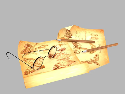 Ancient Open Book With Butterfly Illustrations Eyeglasses And Pencil On Gray Background 3d model