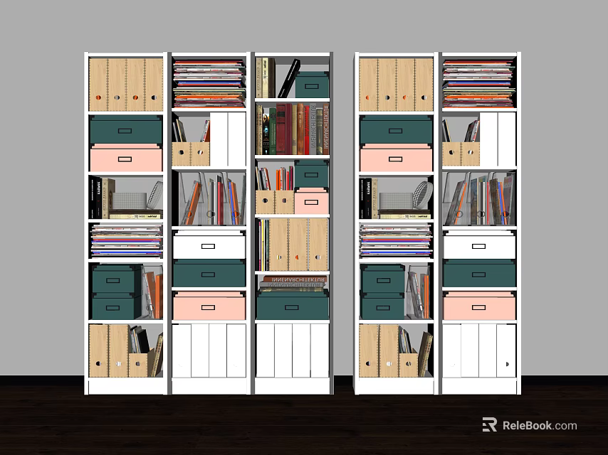 Modern Bookcase Interior Design With Folders Books And Storage Drawers 3d model 