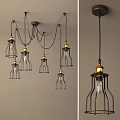 Industrial Black Metal Cage Chandeliers With Golden Accents And Transparent Bulbs
