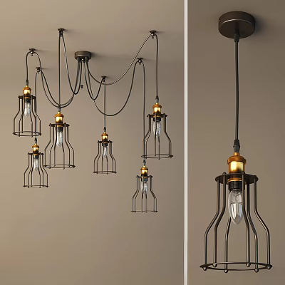 Industrial Black Metal Cage Chandeliers With Golden Accents And Transparent Bulbs 3d model