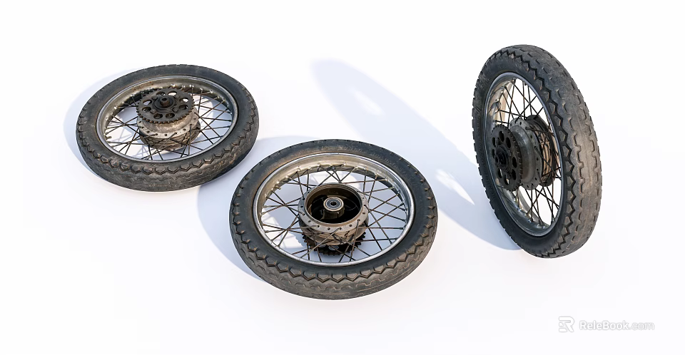 Detailed View of Three Motorcycle Tires with Wheels and Spokes on White Background 3d model 