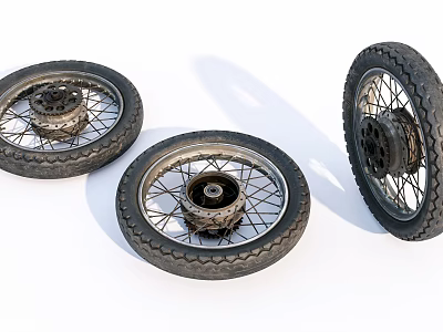 Detailed View of Three Motorcycle Tires with Wheels and Spokes on White Background 3d model
