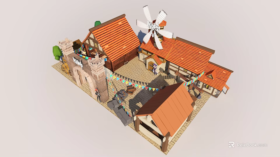 Cartoon Style Village Scene With Windmill Red Roofs And Plaza Decorations 3d model 