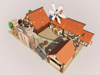 Cartoon Style Village Scene With Windmill Red Roofs And Plaza Decorations 3d model