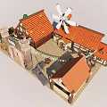 Cartoon Style Village Scene With Windmill Red Roofs And Plaza Decorations