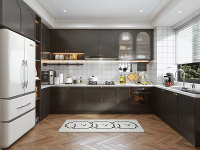 Dark Green Kitchen With White Refrigerator Marble Backsplash And Herringbone Floor 3d model