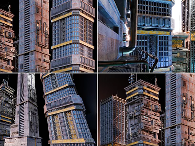 Urban Architectural Complex With Futuristic Tall Towers Yellow Accents And Gray Exteriors 3d model