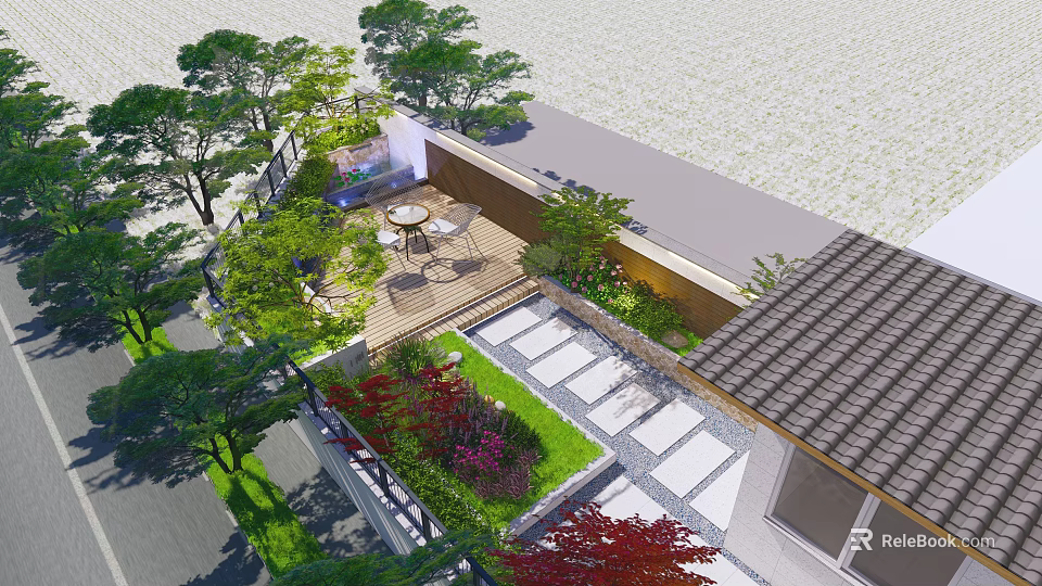 Rooftop Garden Design With Lush Greenery Outdoor Seating Stone Pathway And Decorative Plants 3d model 