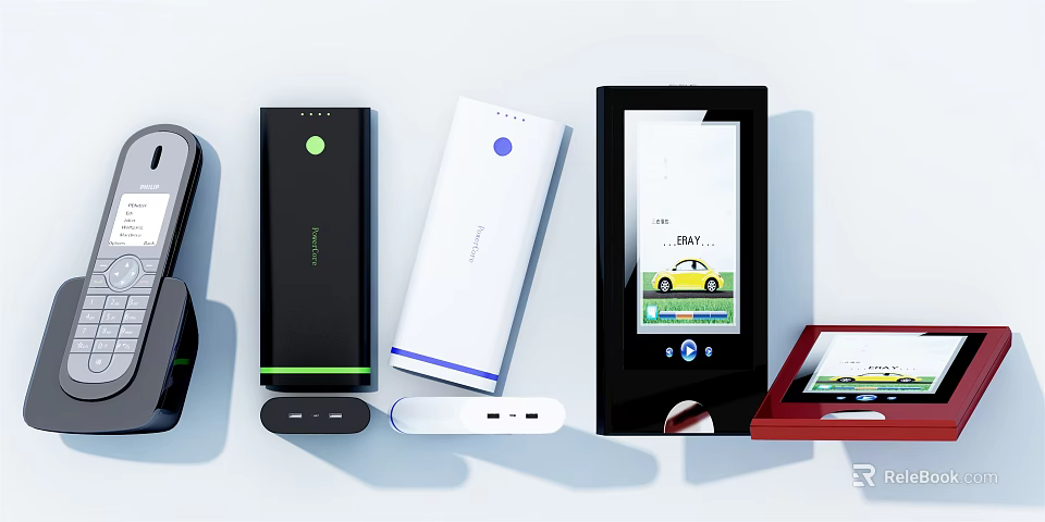 Mobile Digital Products With Power Banks Smart Devices Accessories And Screen Display In Various Colors 3d model 