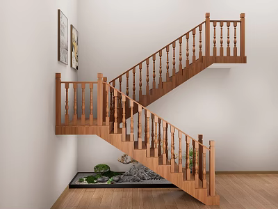 Wooden Staircase with Balustrades and Small Pond Featuring Stones Wall Paintings and Wooden Floor 3d model
