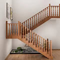 Wooden Staircase with Balustrades and Small Pond Featuring Stones Wall Paintings and Wooden Floor