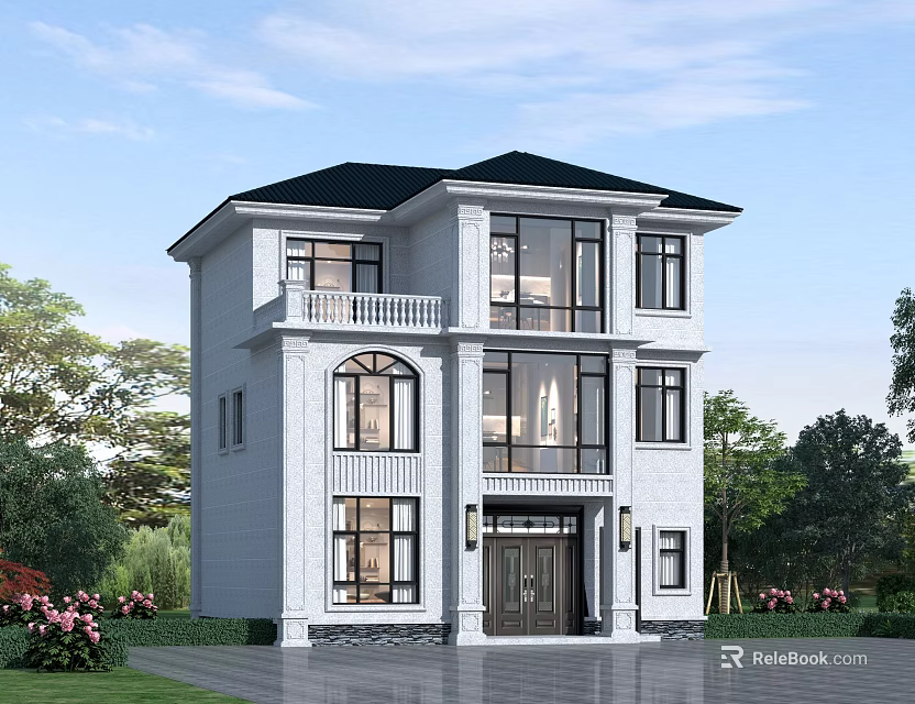 Two Story White Detached Villa With Black Roof Balcony Large Windows And Lawn 3d model 