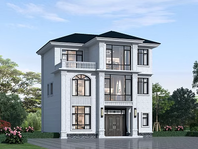 Two Story White Detached Villa With Black Roof Balcony Large Windows And Lawn 3d model