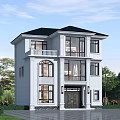 Two Story White Detached Villa With Black Roof Balcony Large Windows And Lawn
