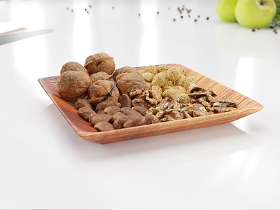 Assorted Nuts in Wooden Tray with Walnuts Hazelnuts and Green Apples Background 3d model