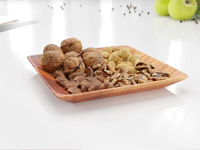Assorted Nuts in Wooden Tray with Walnuts Hazelnuts and Green Apples Background 3d model Assorted Nuts in Wooden Tray with Walnuts Hazelnuts and Green Apples Background 3d model