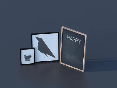 Decorative Wall Hangings with Crow Design Typewriter Image and Happy Chalkboard Frames 3d model