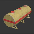 Yellow Cylindrical Storage Tank With Red Stripes And Three Red Lids On Metal Stand