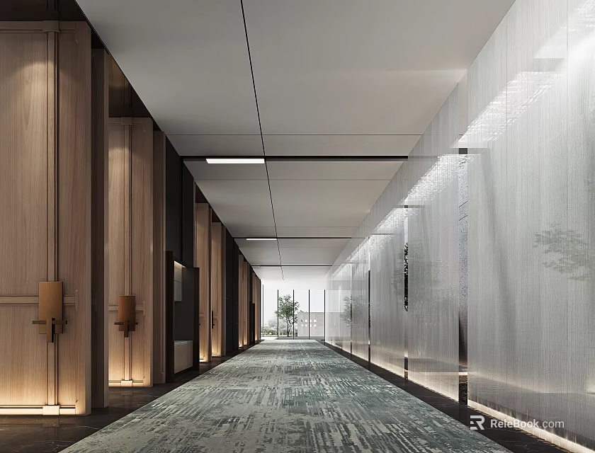Modern Luxury Shop Front Desk With Wooden Wall Glass Partition Green Plants And Carpet 3d model 