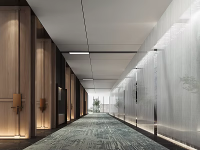 Modern Luxury Shop Front Desk With Wooden Wall Glass Partition Green Plants And Carpet 3d model