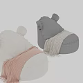 White Plush Bean Bag Chair With Ear Shaped Design And Pink Striped Fringed Blanket
