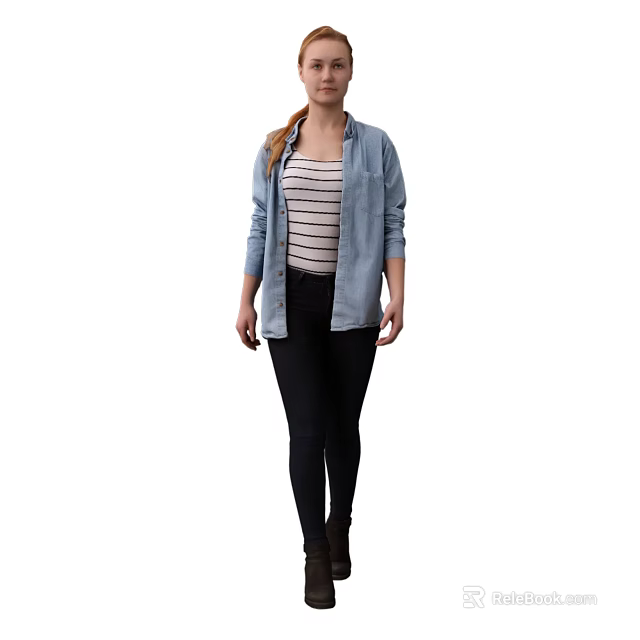 A Woman Wearing Striped Tank Top Denim Shirt Black Pants And Boots 3d model 